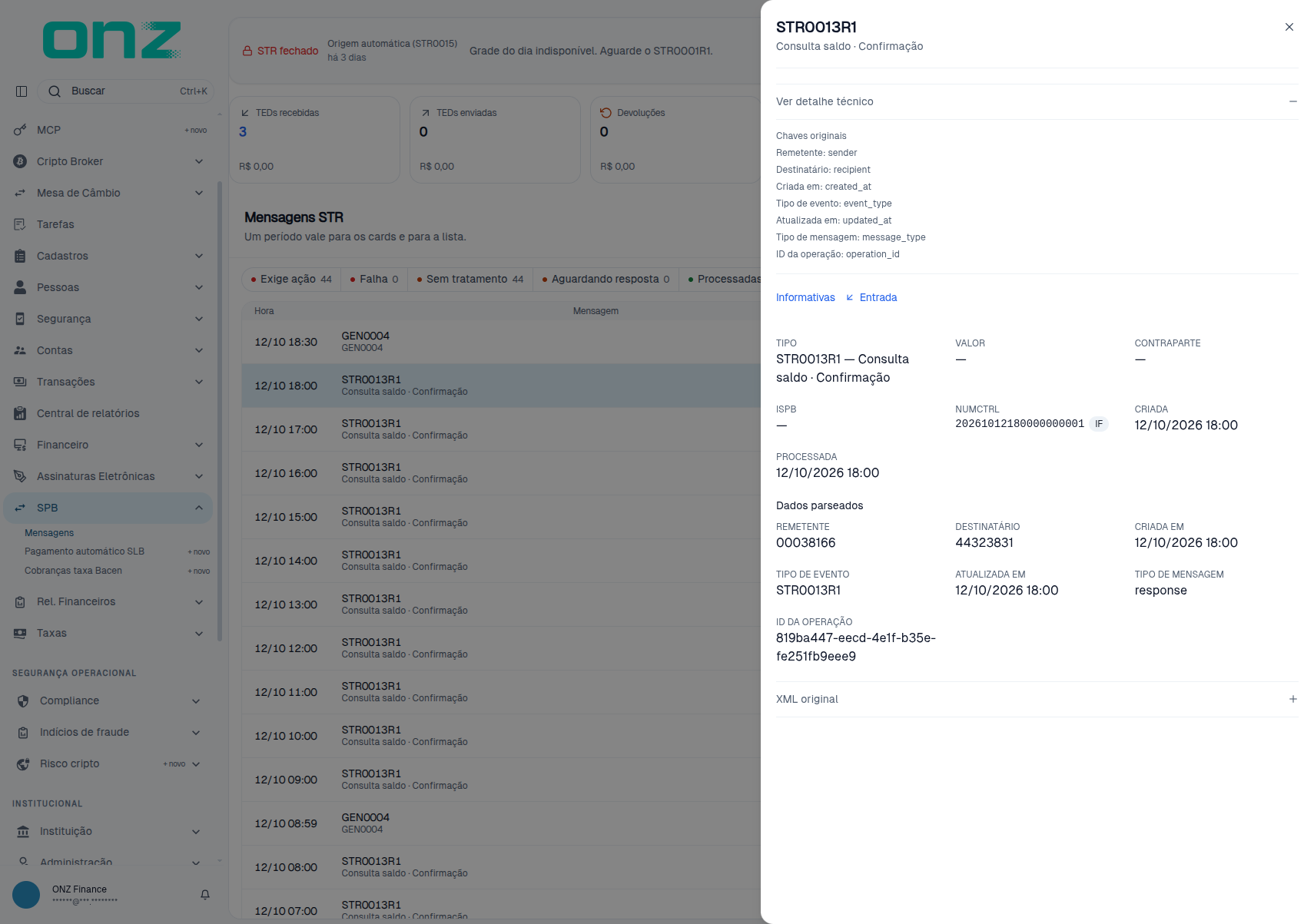 Detalhe de uma mensagem do STR, com os dados da mensagem, os dados parseados e o XML original