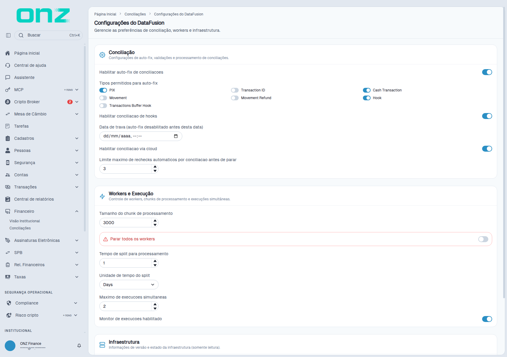 Configurações do DataFusion, com os blocos Conciliação, Workers e Execução e Infraestrutura