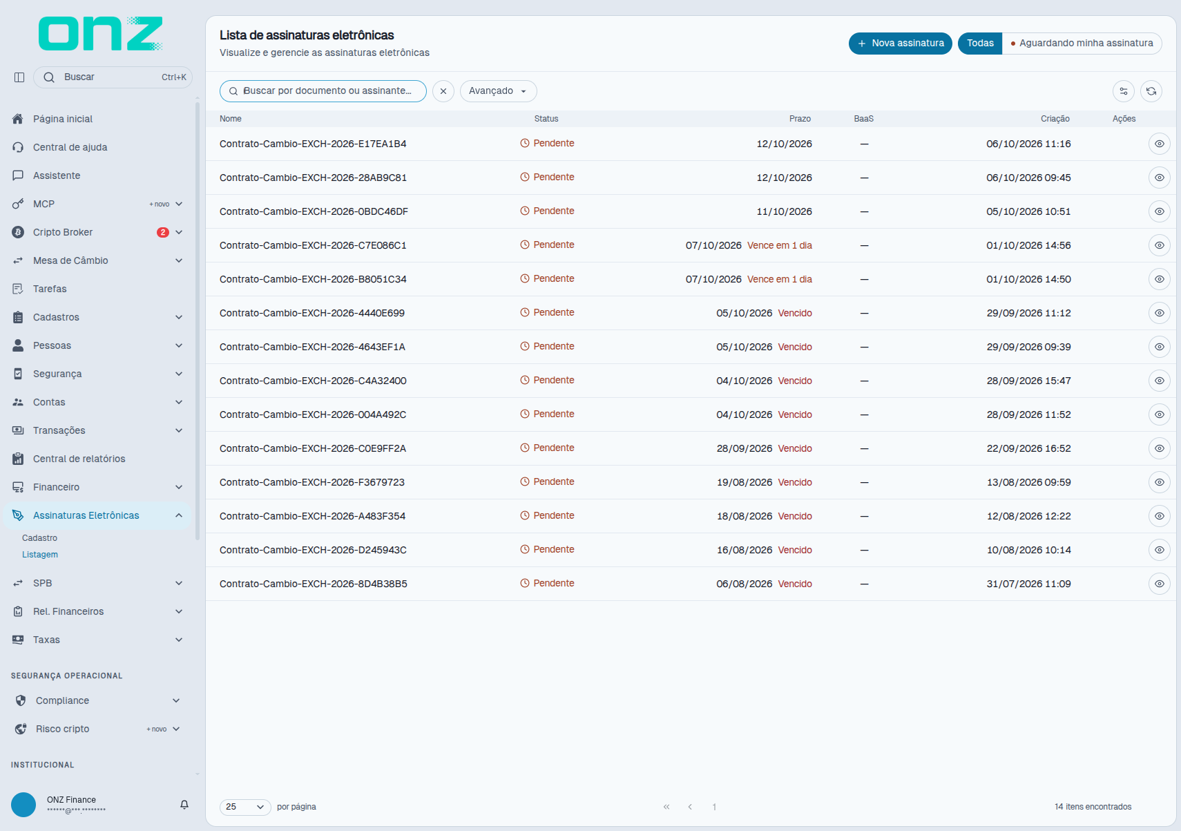 Lista de assinaturas eletrônicas, com os documentos pendentes e os filtros de visão