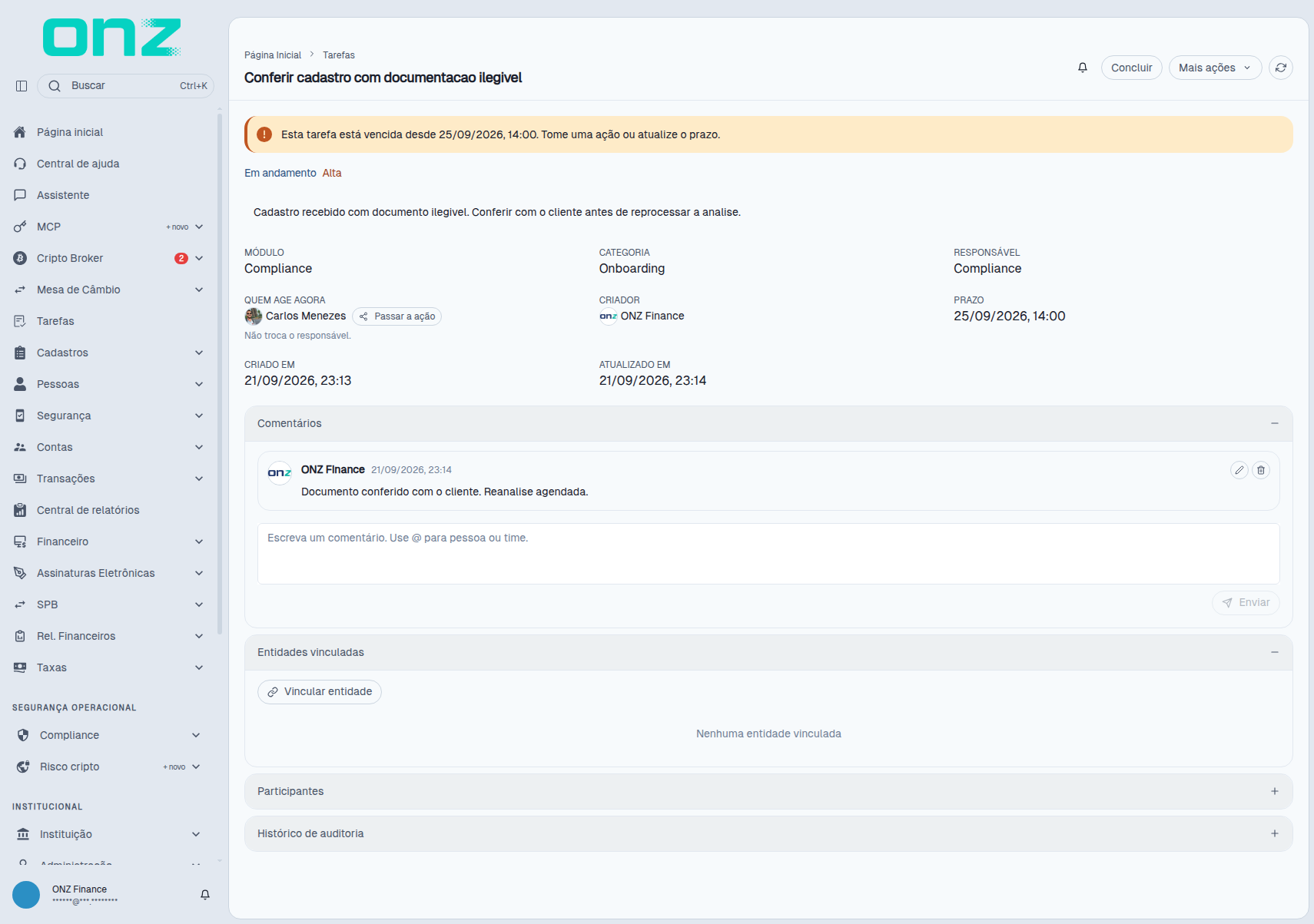Tarefa com o comentário registrado e a situação Em andamento