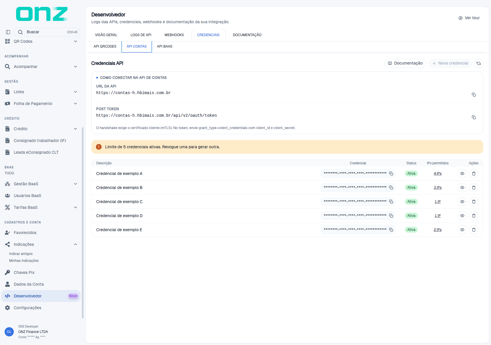 Credenciais da API de Contas