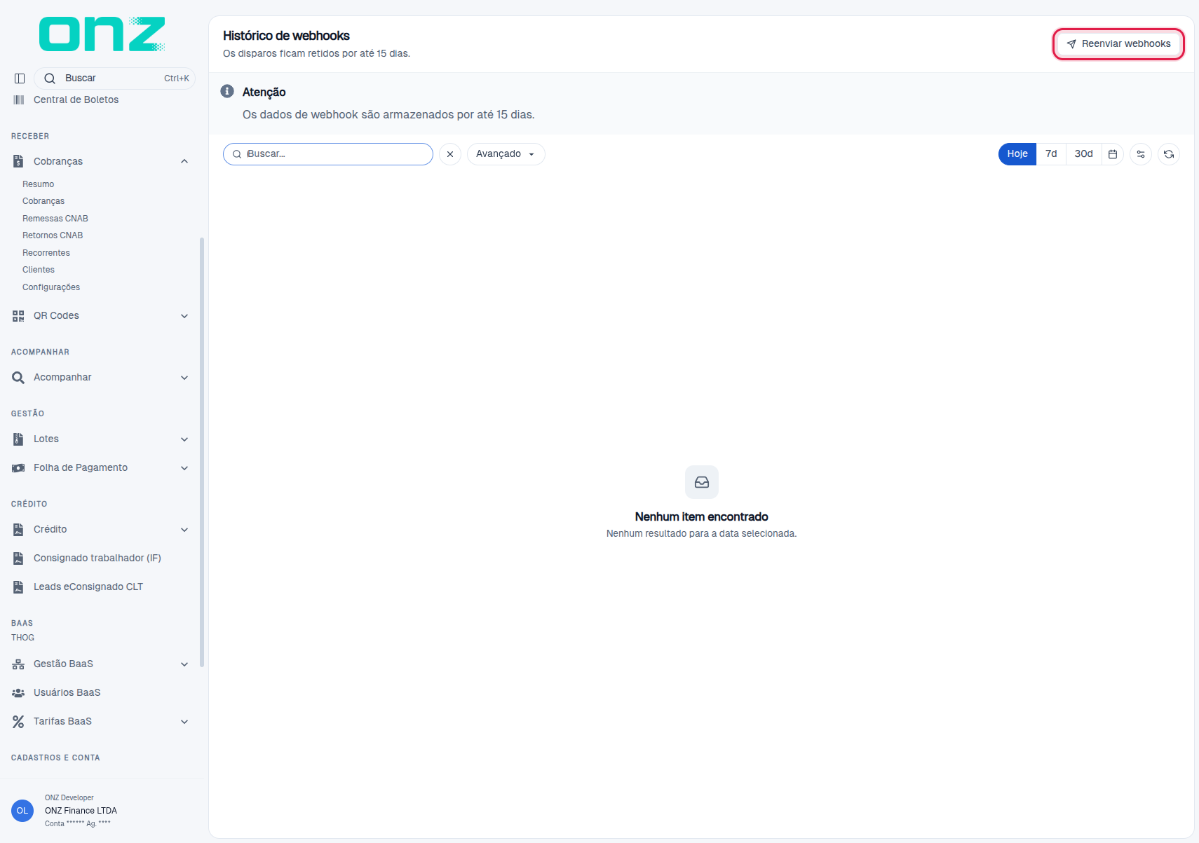 Histórico de webhooks