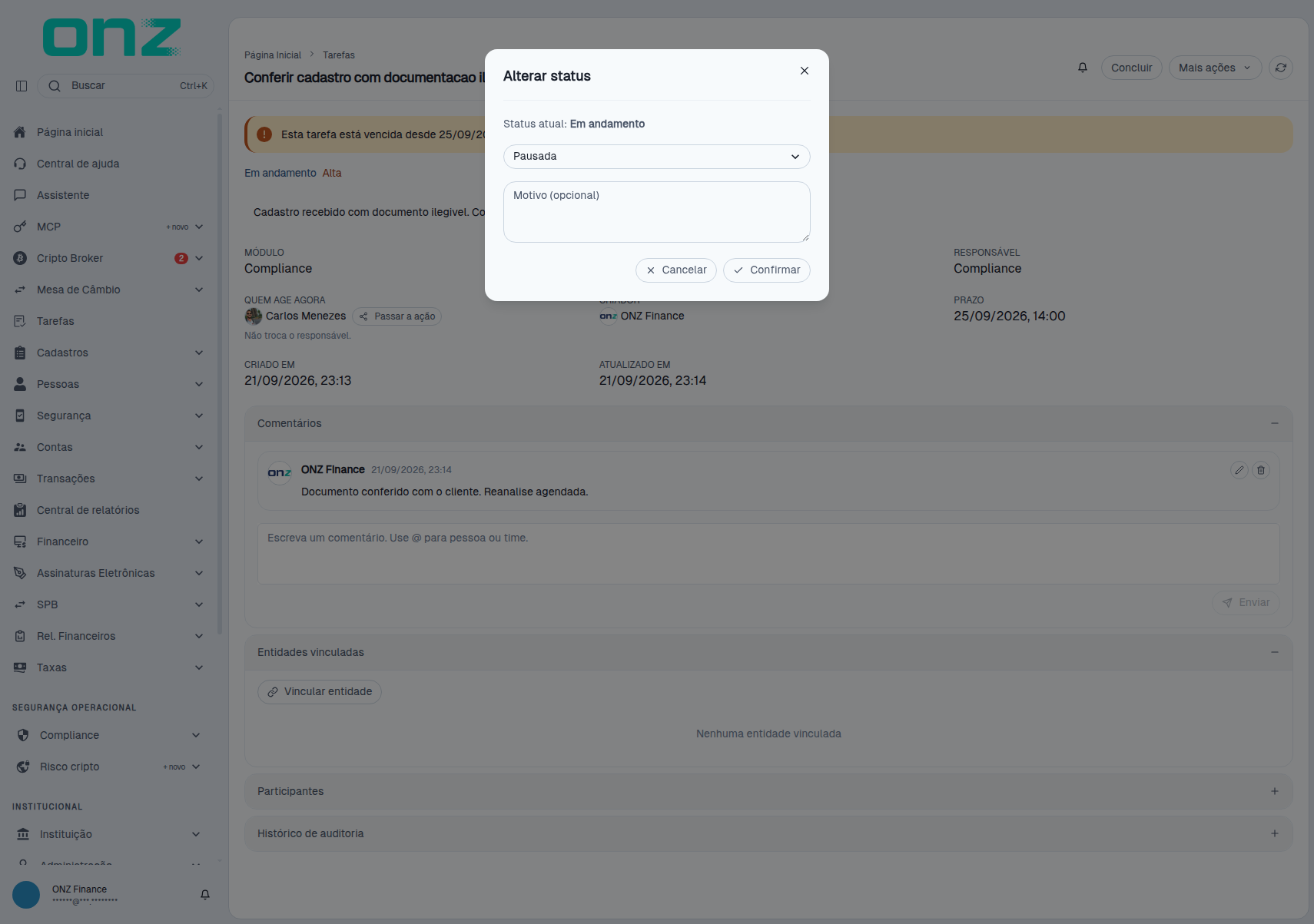Modal Alterar status, com o status atual e a escolha do novo status
