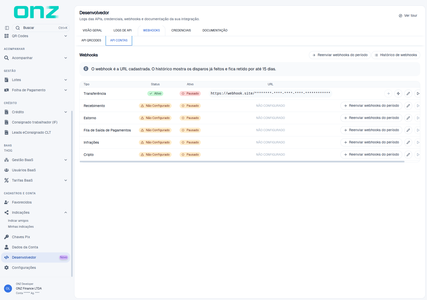 Webhooks da API de Contas por tipo