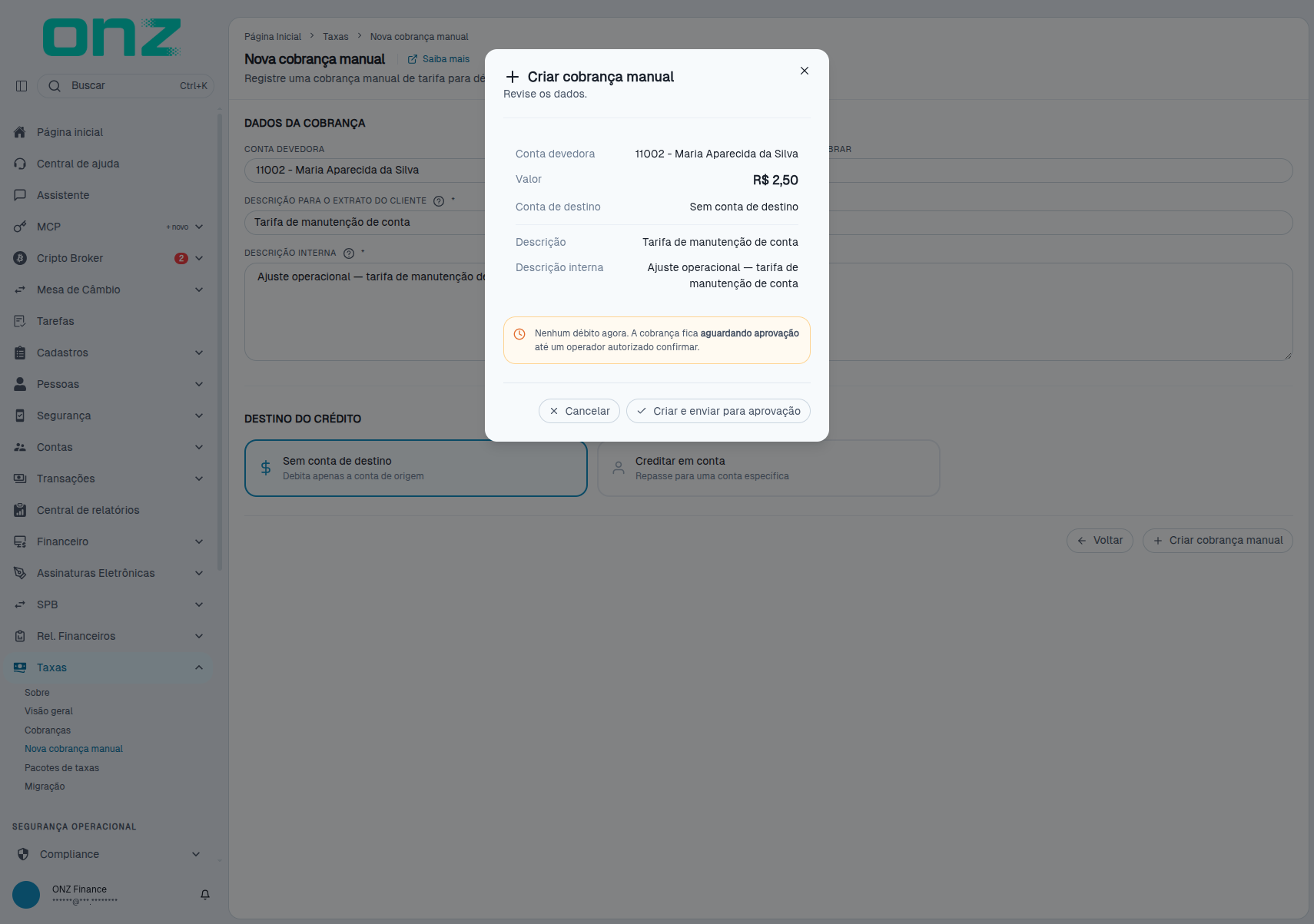 Revisão da cobrança manual, com os dados informados e o aviso de que não há débito antes da aprovação