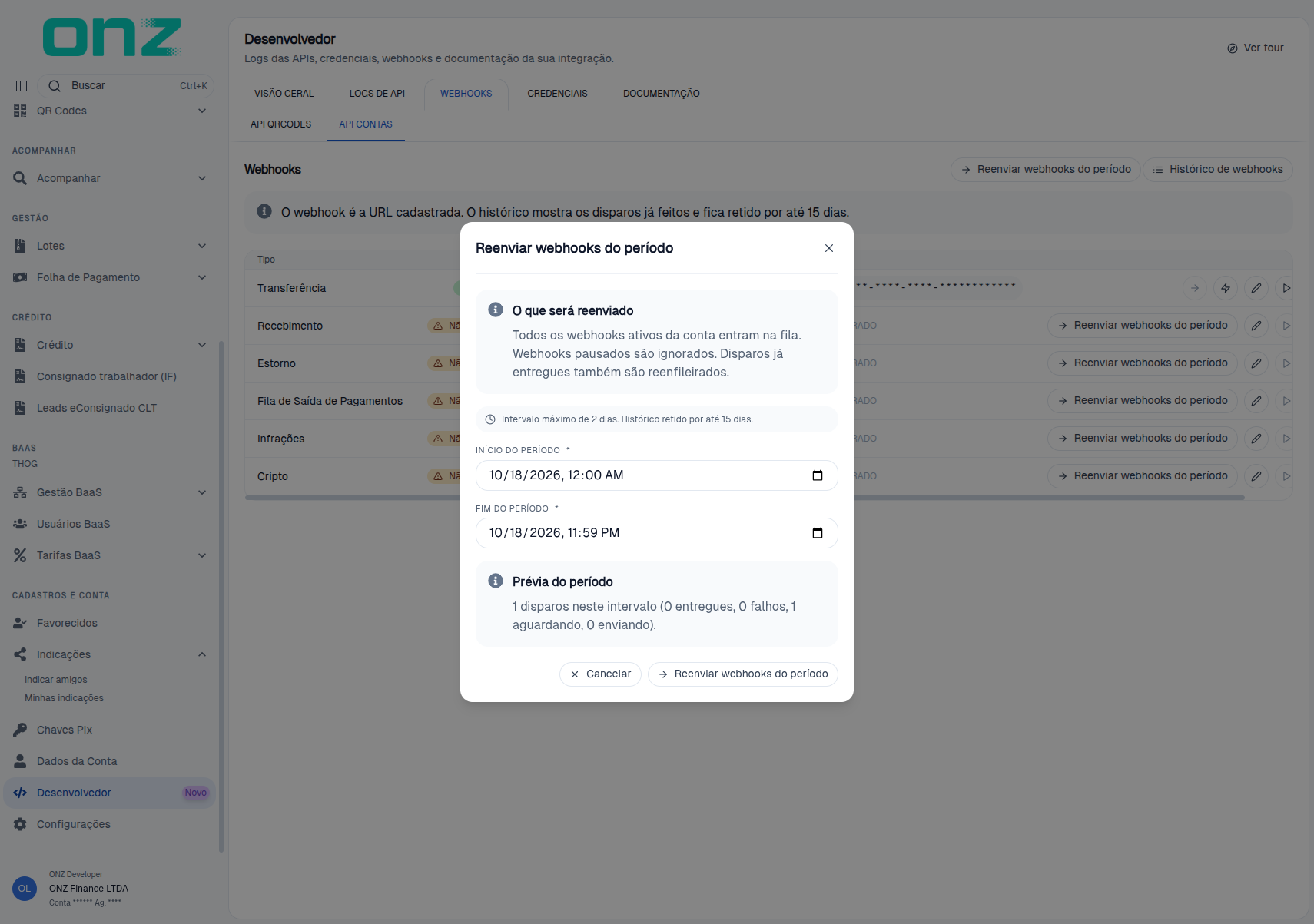 Reenviar webhooks do período