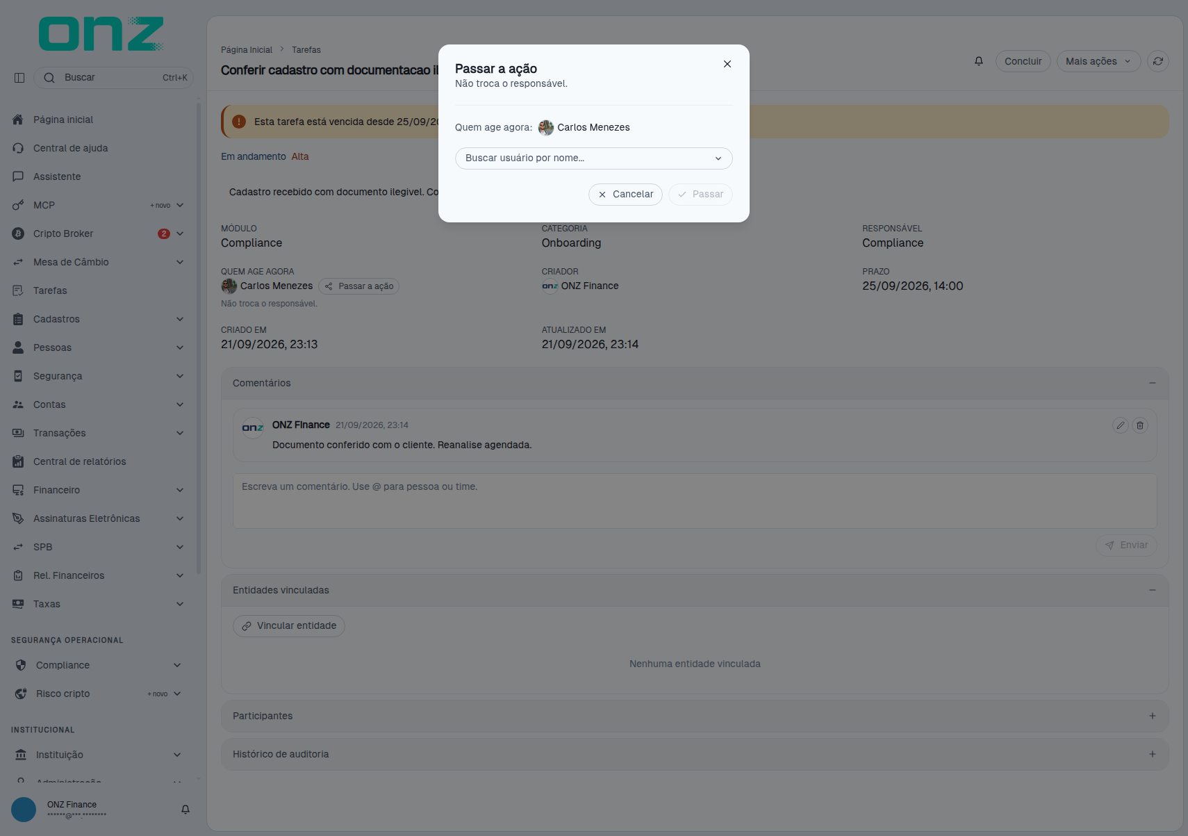Modal Passar a ação, com a busca de usuário