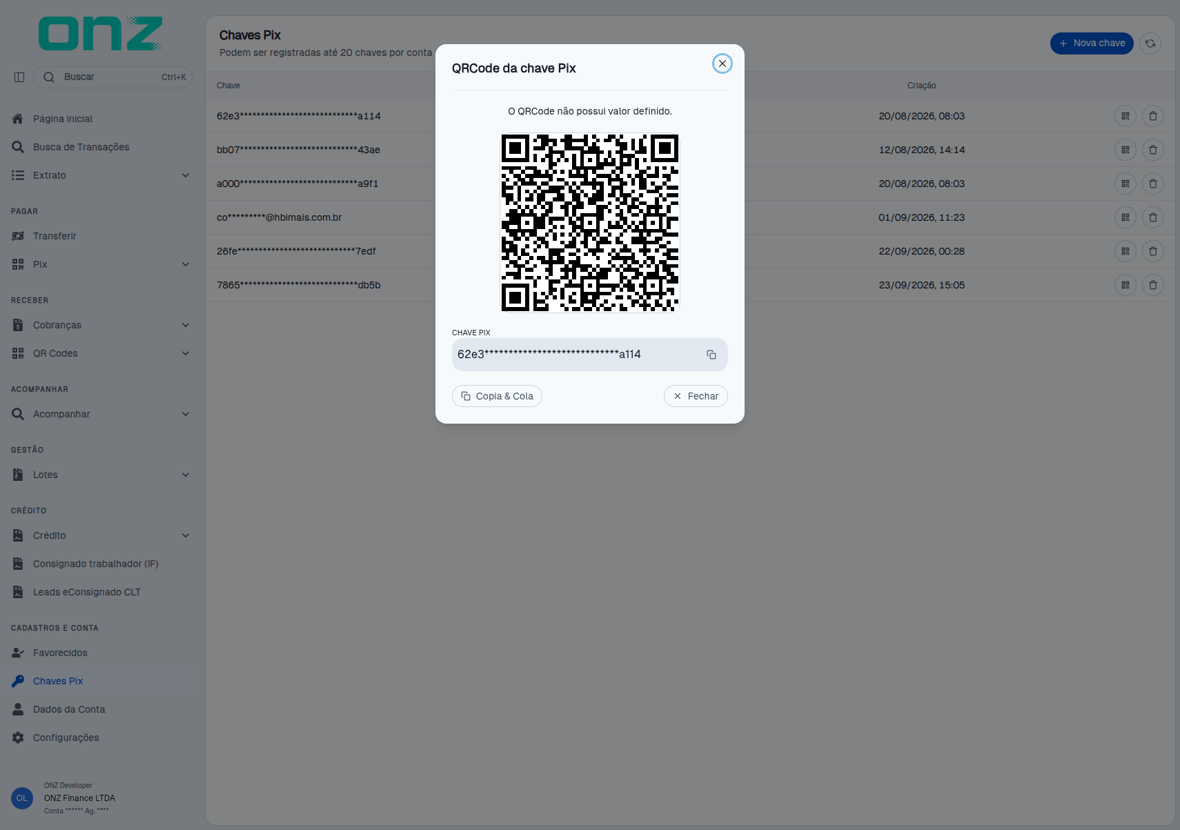 Janela QRCode da chave Pix, com a opção Copia &amp; Cola