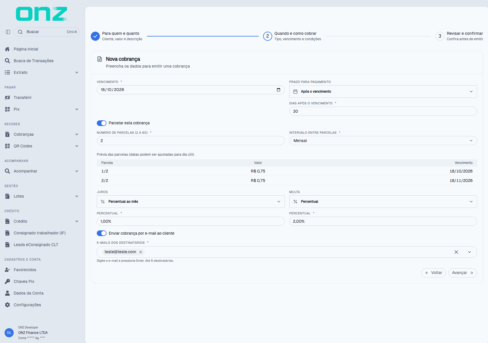Etapa 2 — parcelamento com prévia das parcelas