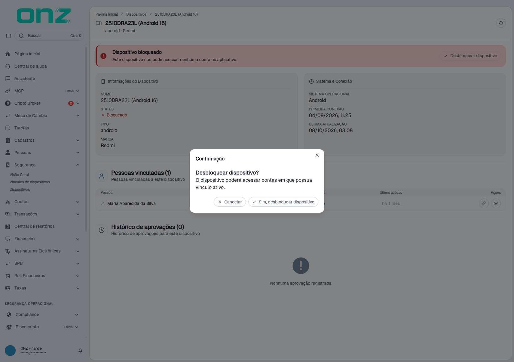 Confirmação do desbloqueio do dispositivo