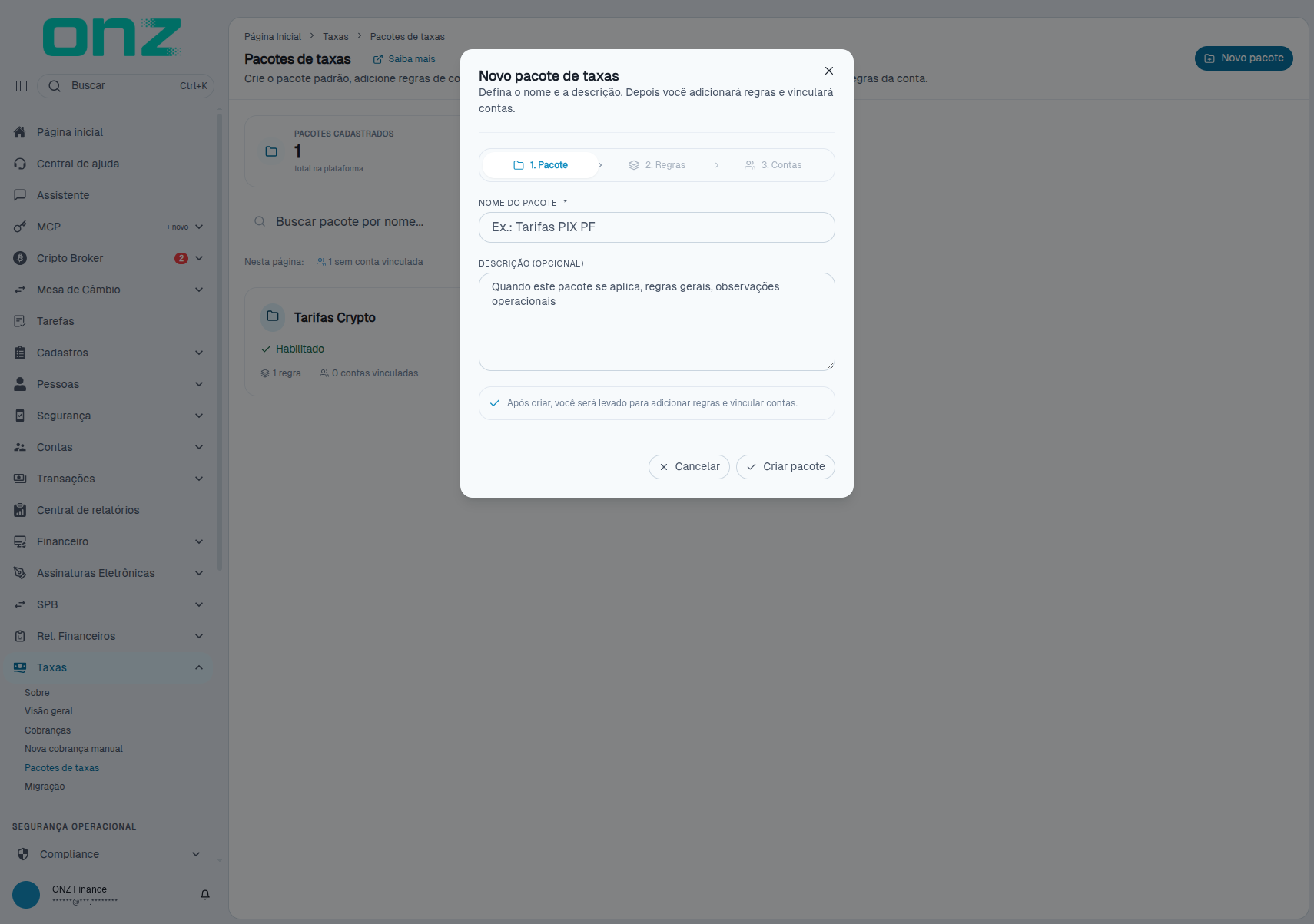 Modal de Novo pacote de taxas, com as três etapas do pacote