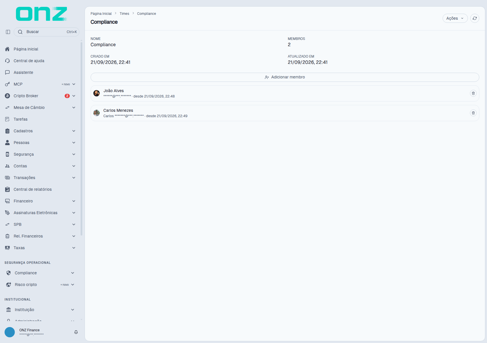 Detalhe do time, com os membros adicionados