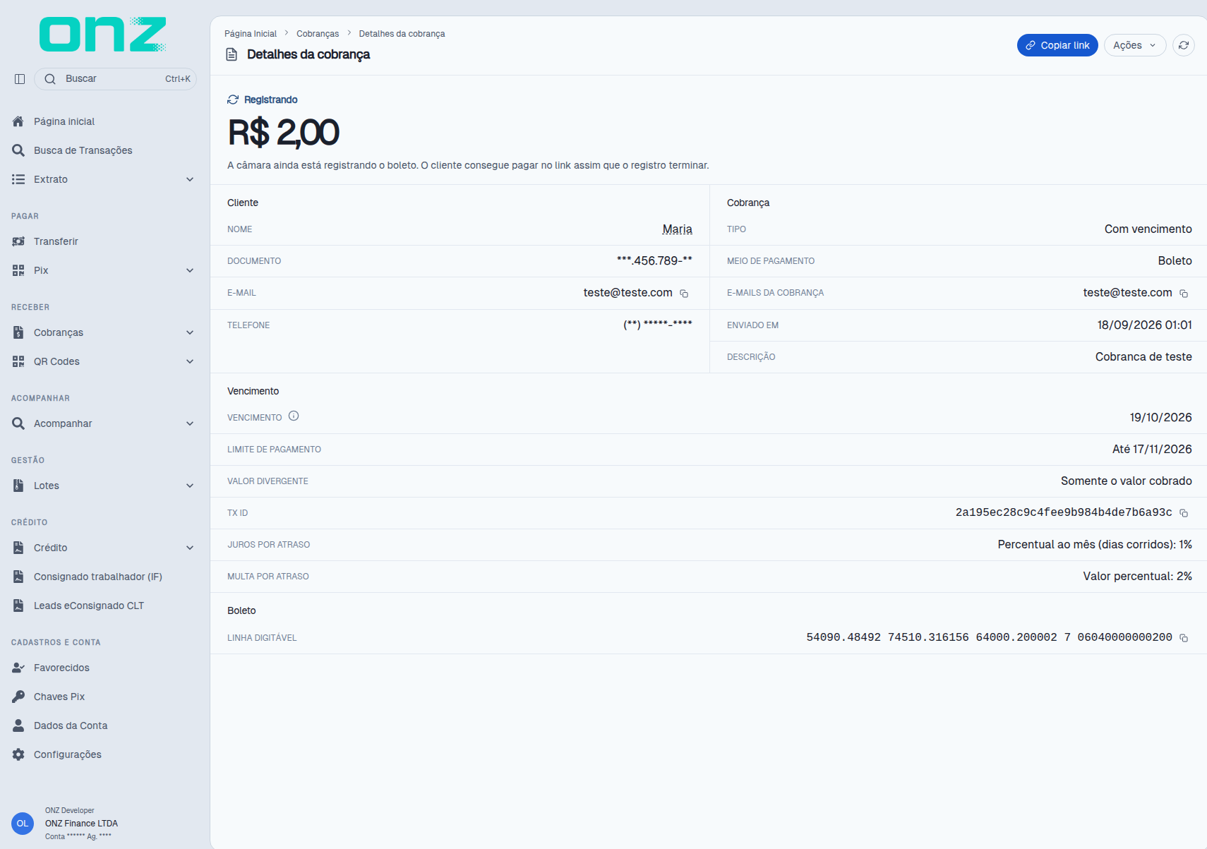 Cobrança por boleto emitida, com a linha digitável