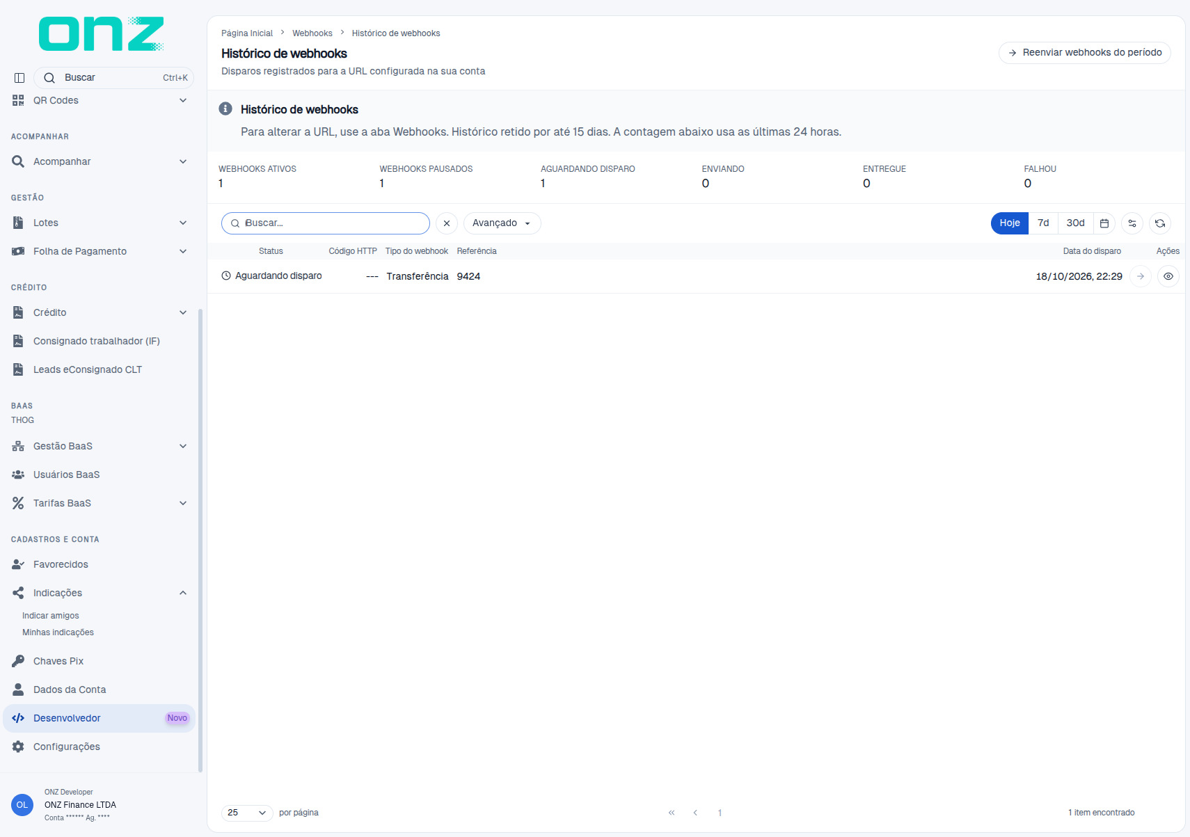 Histórico de webhooks