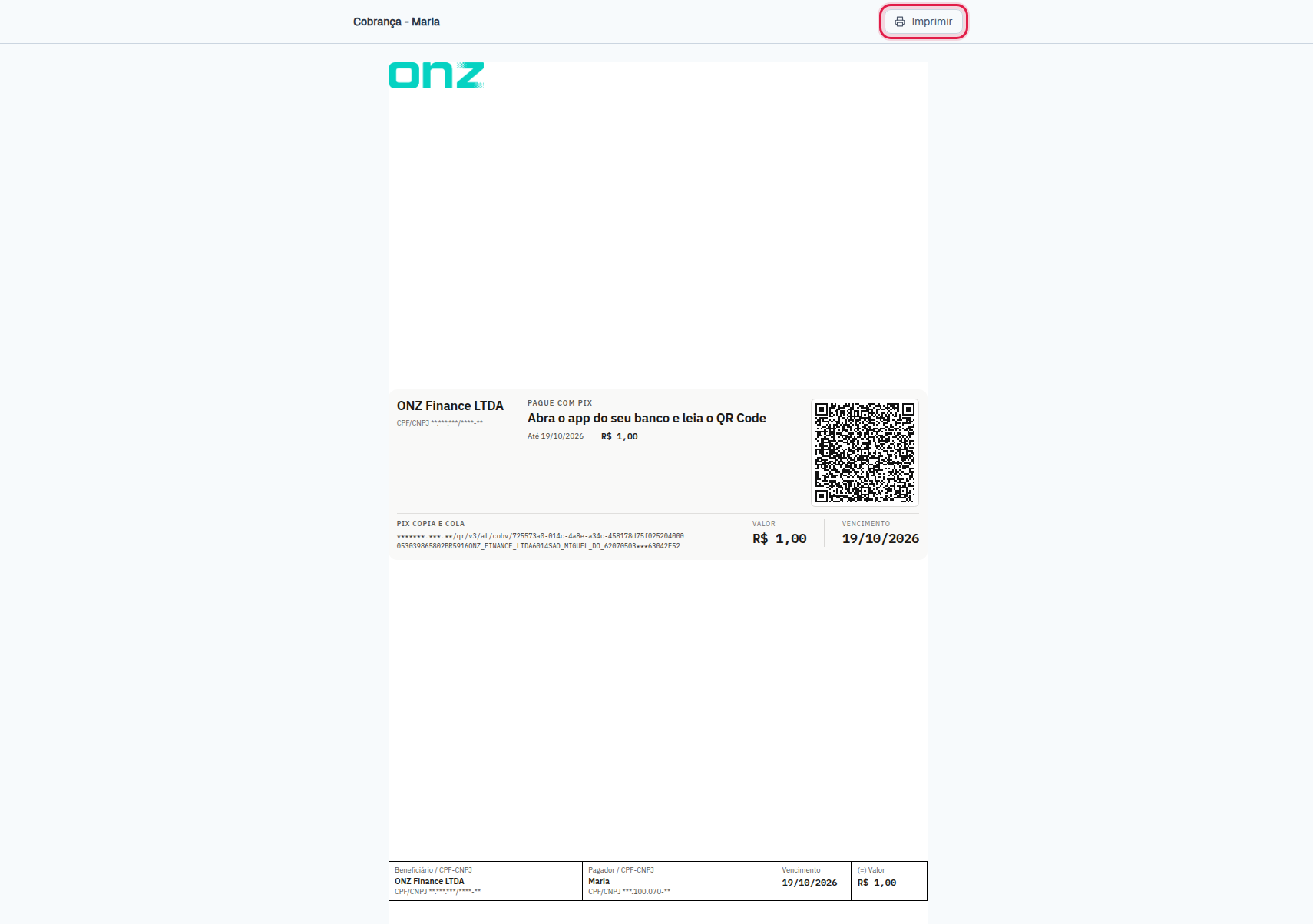 Cobrança pronta para impressão, com QR Code
