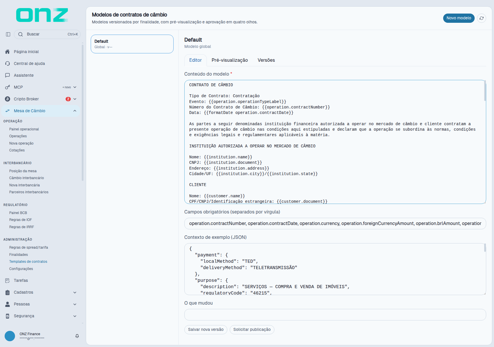 Templates de contratos de câmbio, com o editor e as versões