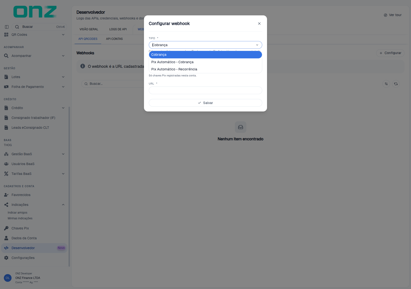 Opções de tipo do webhook