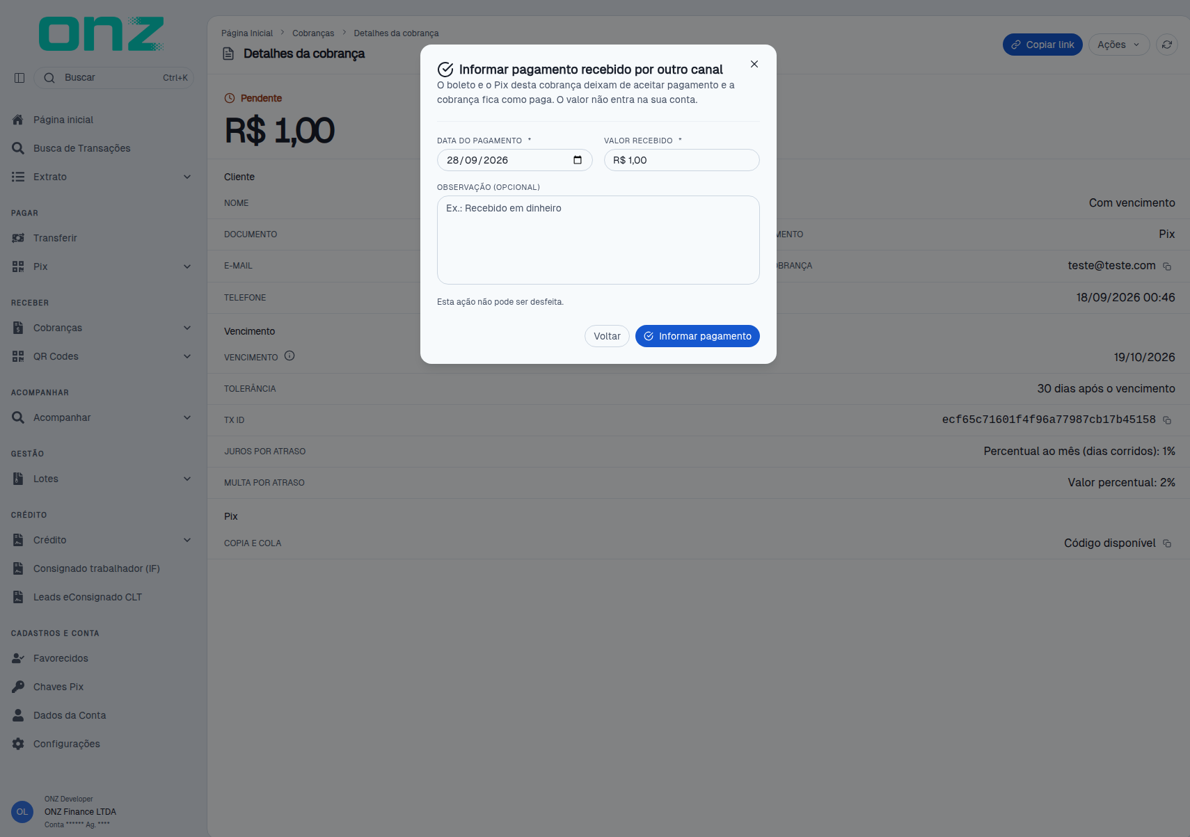 Janela Informar pagamento recebido por outro canal
