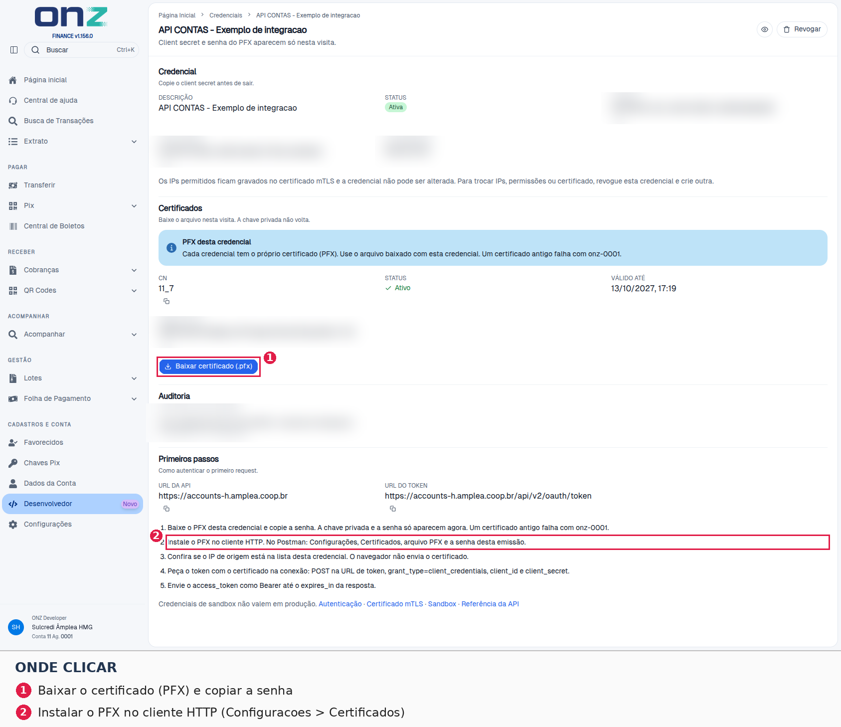 Após gerar na API de Contas: baixe o PFX e guarde as credenciais
